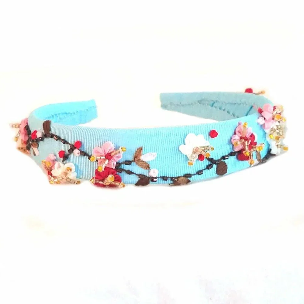 Cherry Blossoms Boutique Girls Headband Embroidered & Hand-beaded w/Silk Flowers